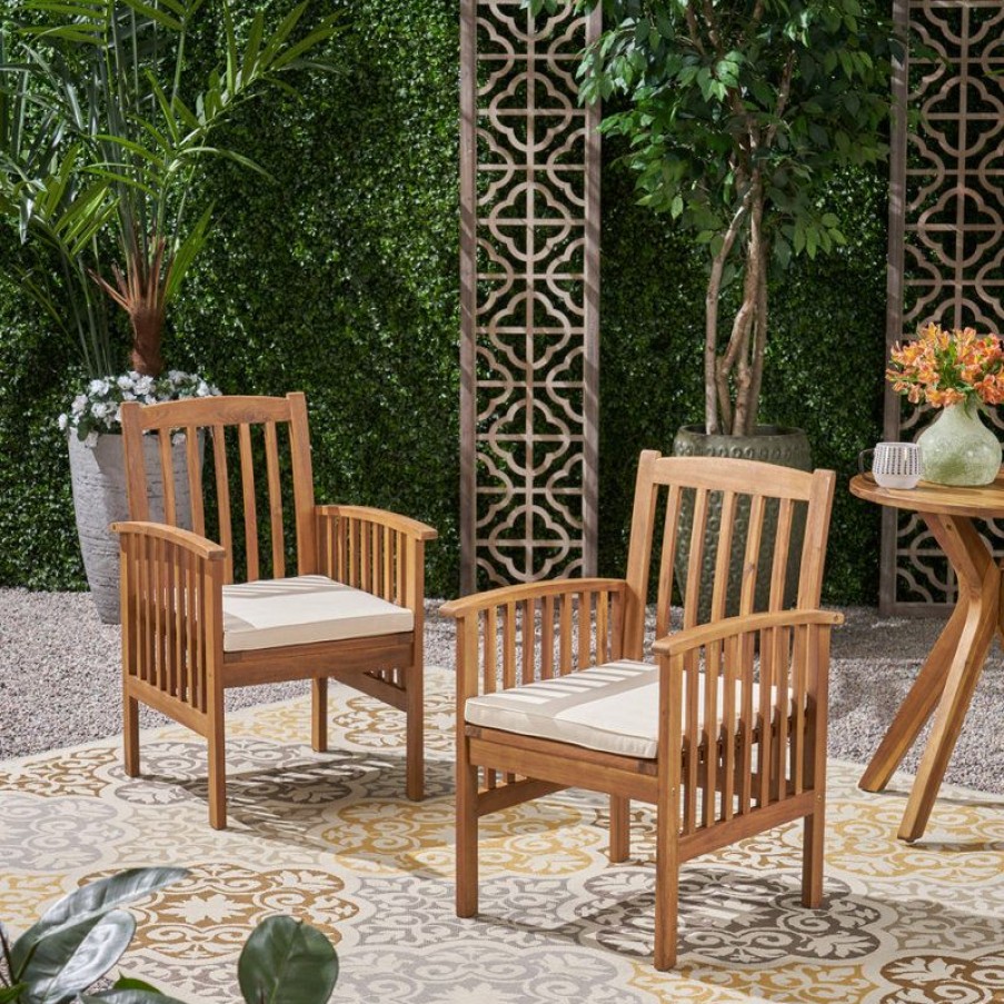 Outdoor Chairs * | Best Reviews Of Gdfstudio Gdf Studio Phoenix Outdoor Acacia Wood Dining Chairs With Cushions, Set Of 2, Br