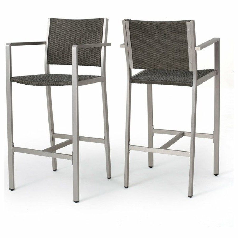 Outdoor Bar Furniture * | Best Pirce Gdfstudio Gdf Studio Capral Outdoor Gray Wicker Bar Stools, Set Of 2