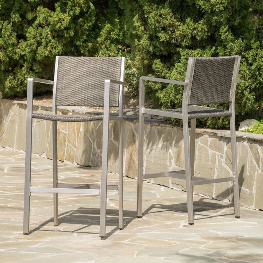 Outdoor Bar Furniture * | Best Pirce Gdfstudio Gdf Studio Capral Outdoor Gray Wicker Bar Stools, Set Of 2