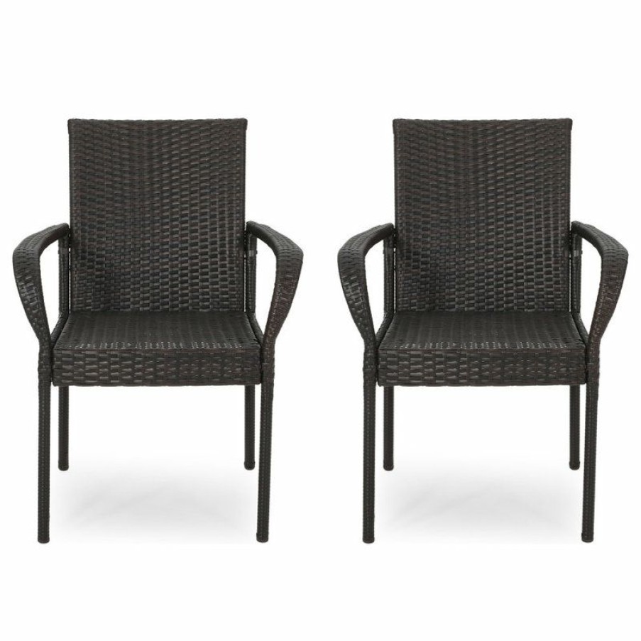 Outdoor Chairs * | Best Reviews Of Gdfstudio Johnston Outdoor Contemporary Wicker Dining Chair, Set Of 2, Gray, Multi-Brown