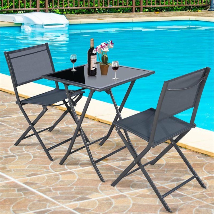 Outdoor Bar Furniture * | Flash Sale Costway 3 Pieces Metal Outdoor Patio Bistro Set For Garden Backyard In Gray