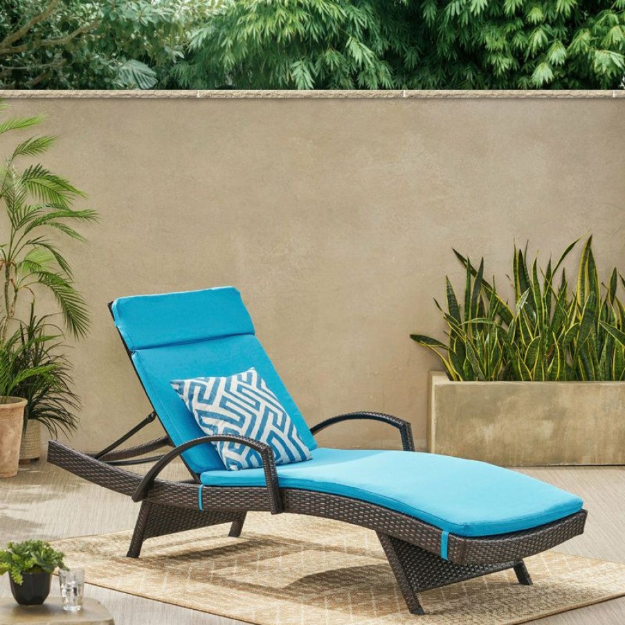 Outdoor Chairs * | Best Pirce Gdfstudio Gdf Studio Ann Outdoor Wicker Adjustable Chaise Lounge, Arms With Cushion, Blue