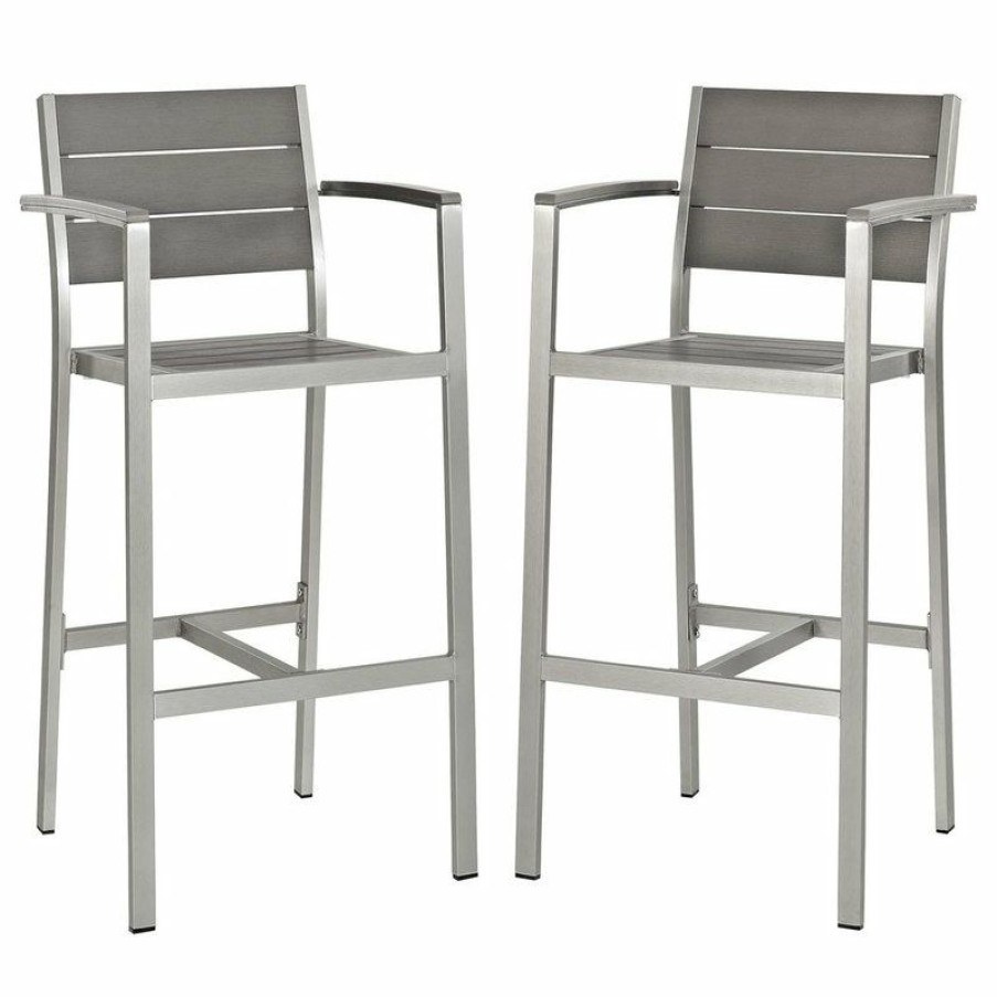 Outdoor Bar Furniture * | Hot Sale Lexmod Shore Bar Stool Outdoor Aluminum Set Of 2, Silver/Gray