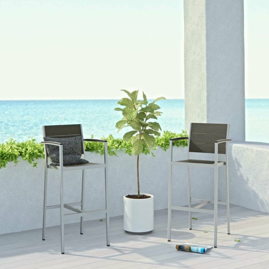 Outdoor Bar Furniture * | Hot Sale Lexmod Shore Bar Stool Outdoor Aluminum Set Of 2, Silver/Gray