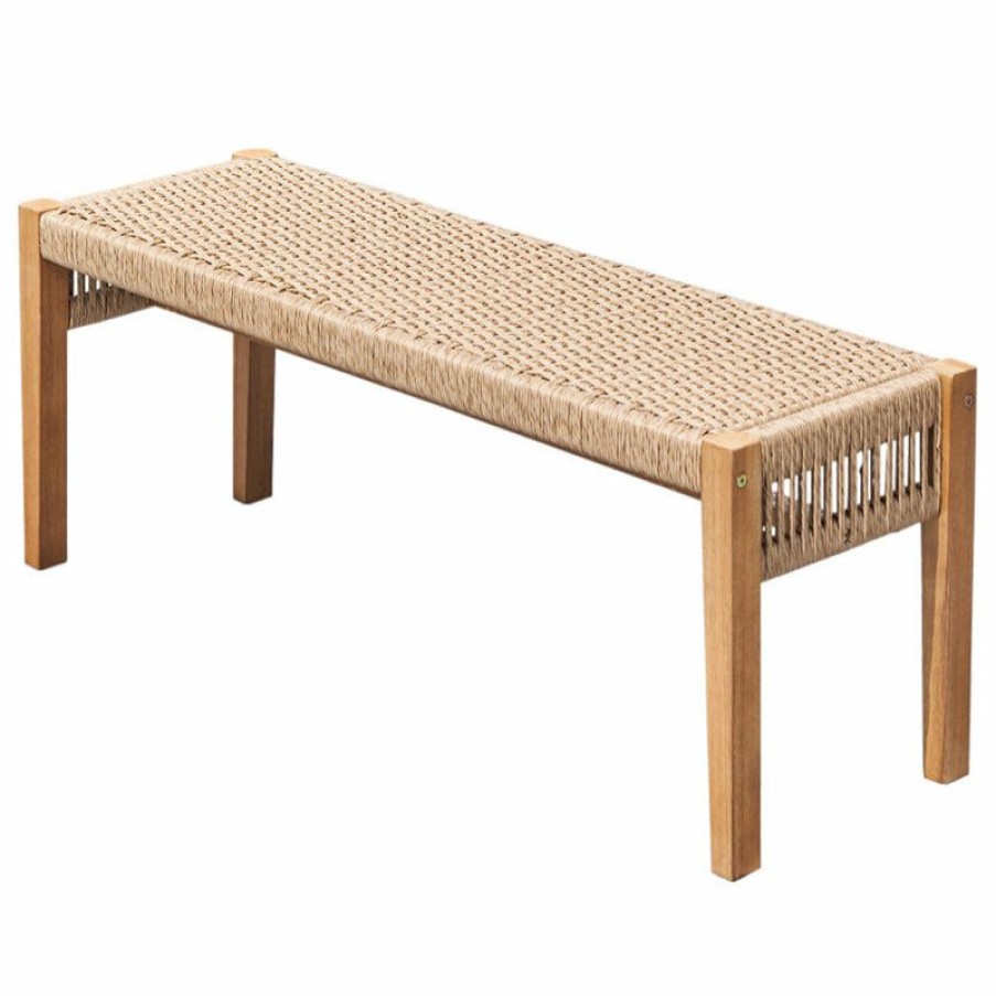 Outdoor Benches * | Coupon Dropship Vendor Group Chesapeake Honey 2-Seater Patio Acacia Wood Mixed Strapped Rattan Bench