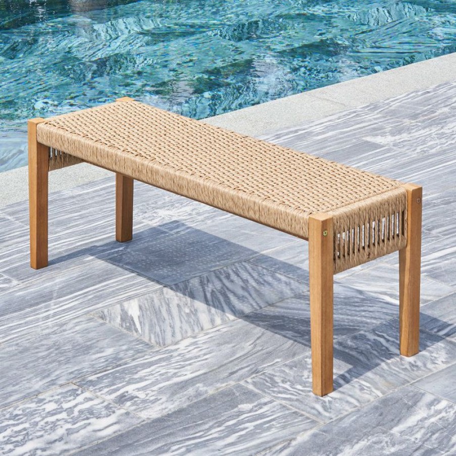 Outdoor Benches * | Coupon Dropship Vendor Group Chesapeake Honey 2-Seater Patio Acacia Wood Mixed Strapped Rattan Bench