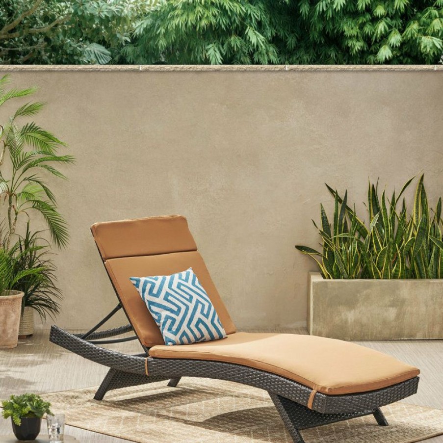 Outdoor Chairs * | Top 10 Gdfstudio Gdf Studio Nassau Outdoor Gray Wicker Adjustable Chaise Lounge, Caramel Cushion