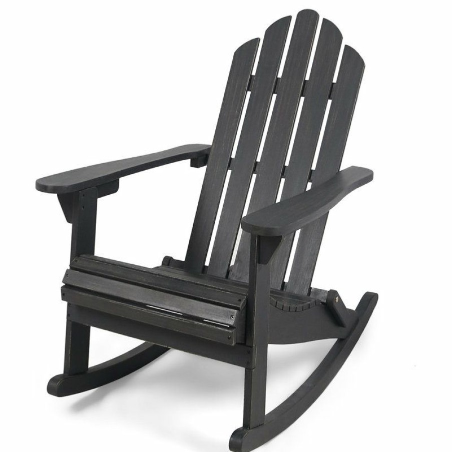 Outdoor Chairs * | Best Pirce Gdfstudio Gdf Studio Cara Outdoor Adirondack Acacia Wood Rocking Chair, Dark Gray Finish