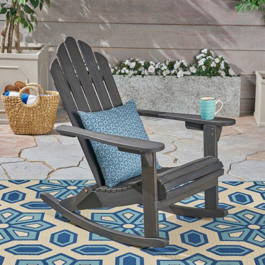 Outdoor Chairs * | Best Pirce Gdfstudio Gdf Studio Cara Outdoor Adirondack Acacia Wood Rocking Chair, Dark Gray Finish