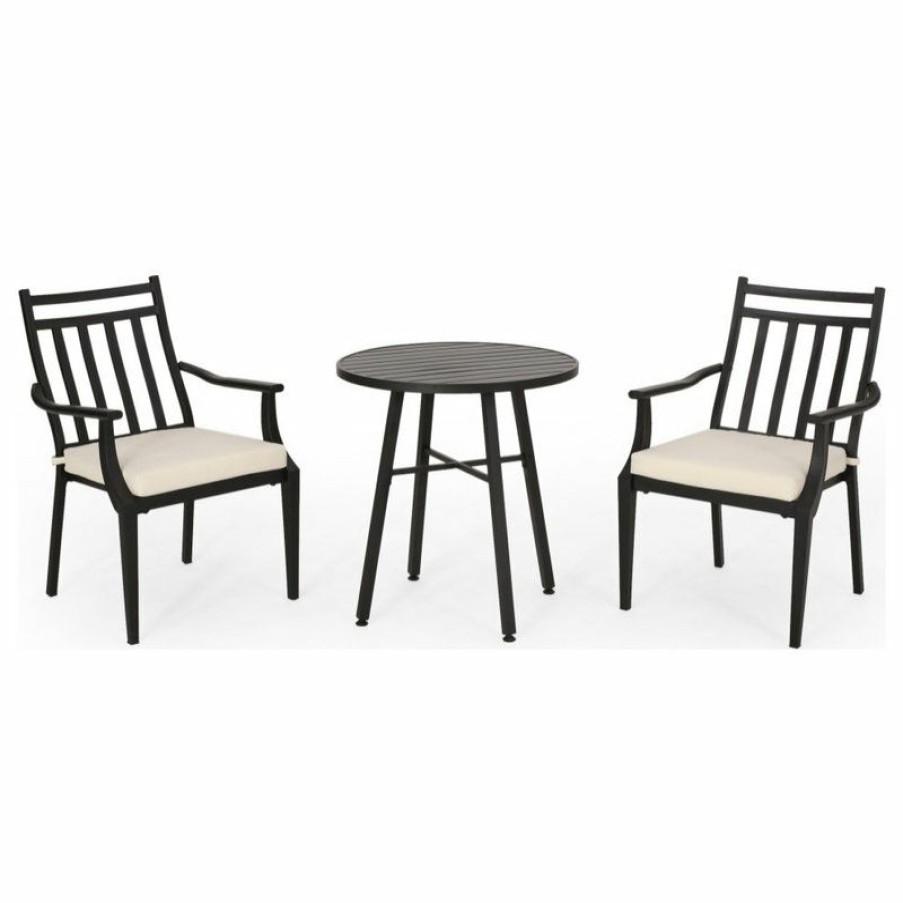 Outdoor Bar Furniture * | Best Deal Gdfstudio Demi Outdoor 3 Piece Bistro Set With Cushions, Matte Black/Beige