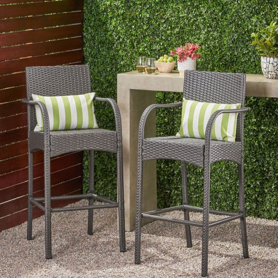 Outdoor Bar Furniture * | Best Reviews Of Gdfstudio Beatrice Outdoor Wicker Barstool Chair, Set Of 2, Gray