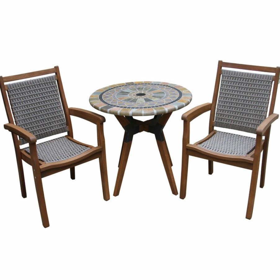 Outdoor Bar Furniture * | Hot Sale Outdoor Interiors 3-Piece Sandstone, Eucalyptus And Metal Bistro Set, With Stacking Armchair