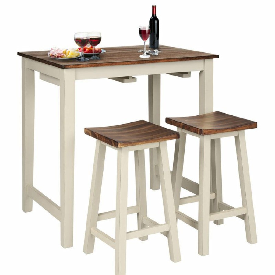 Outdoor Bar Furniture * | Flash Sale Costway 3-Piece Bar Table Set Counter Pub Table& 2 Saddle Bar Stools W/ Hanging